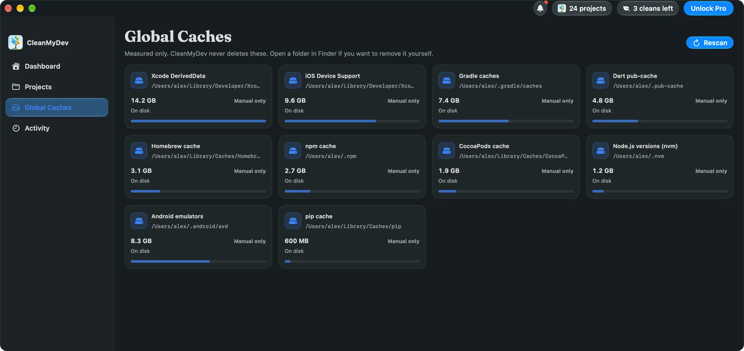 Global Caches: Xcode DerivedData 14.2 GB, iOS Device Support 9.6 GB, Android emulators 8.3 GB, Gradle caches 7.4 GB and more, each marked manual only.